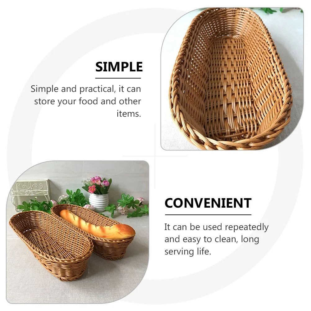 2 Pcs Decor Bread Basket Snake Storage Baskets Plastic Imitation Rattan Woven Kitchen Gadget Food Serving Trays Brown