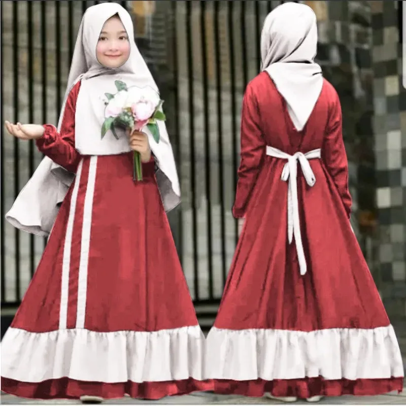 2pcs Set Muslim Prayer Dress Abaya for Girls Baby Kids 1-10Y Islamic Burka Jilbab Contrast Color Front or Back Lace-up Elegant