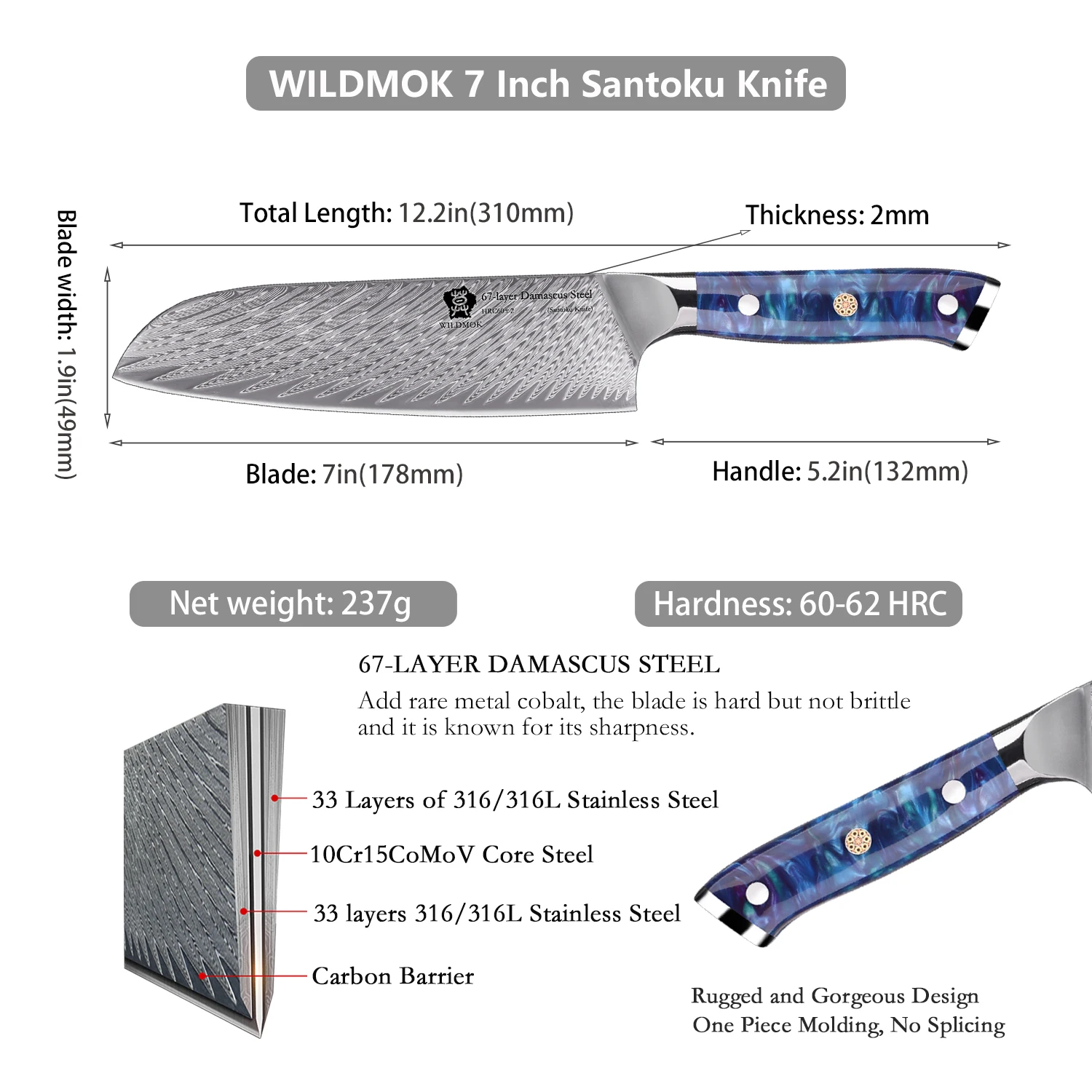 WILDMOK 7" Santoku Knife 67 Layer Damascus Steel Ultra Sharp Ergonomic Resin Handle Kitchen Cooking Cutting