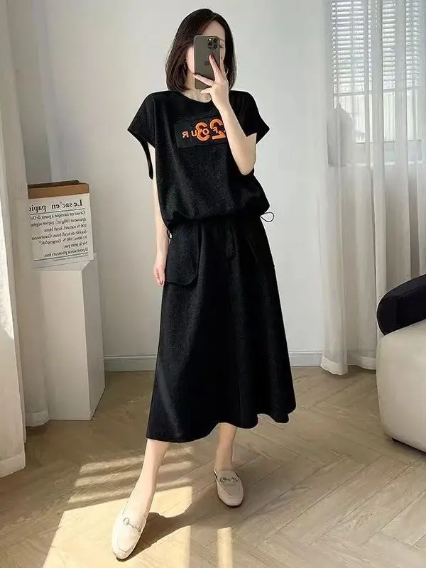 Plus Size Casual Faion Set Abbigliamento donna Or Sve Gonna a trapezio a vita alta Abito estivo Copertura per pancia di carne nascosta