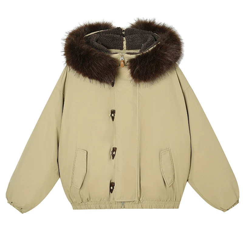 2025 inverno novo grande gola de pele algodão acolchoado jaquetas chifre botão manga longa com capuz feminino parkas viajando moda para baixo casacos