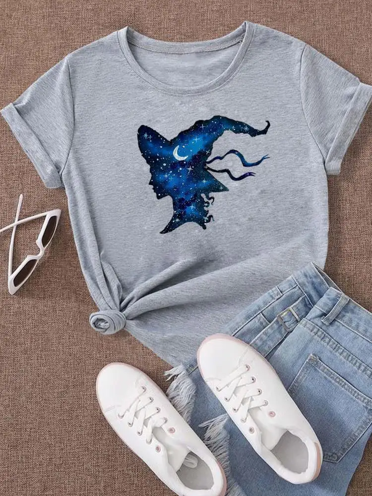 90年代の女性用ウィッチプリントTシャツ,トップスタイル,ハロウィーン,感謝祭,ラウンドネック,秋,かわいい,甘いトレンド