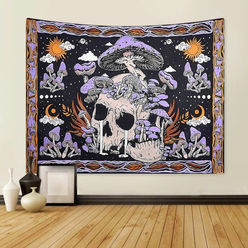 1pc Skeleton mushroom pattern tapestry, moon sun mandala tapestry, room decoration wall hanging