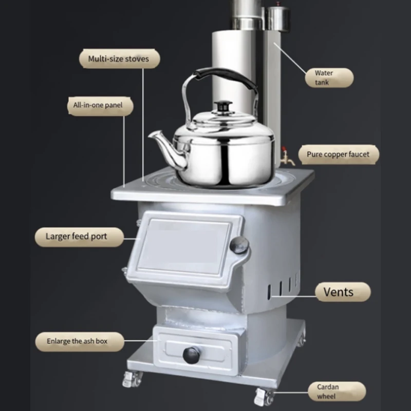 Poêle de chauffage à bois sans fumée, gazéificateur, économie d'énergie, mobile, extérieur, hiver, cheminée en fonte, maison