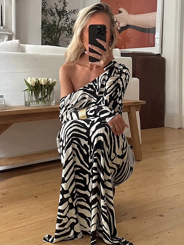 Whatiwear Sexy Backless Long Dress Woman Zebra Stripe o-Neck Full Sleeve High Waist Robe Midnight Prom Party Elegant Vestidos