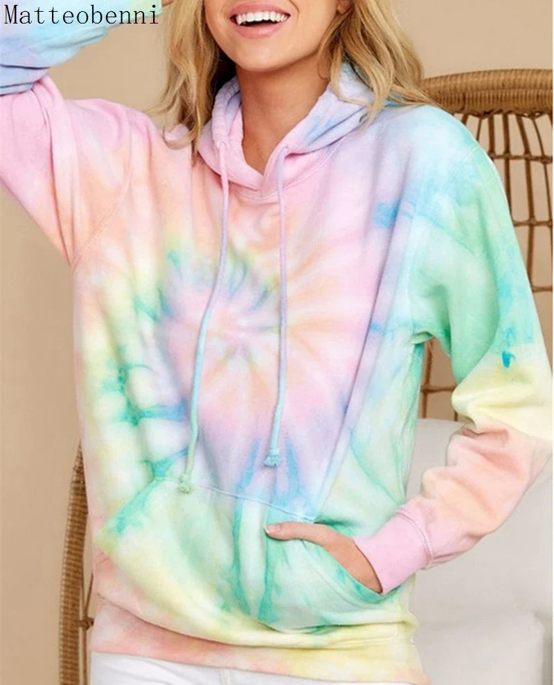 Women Tie Dye Hoodie Sweatshirts Autumn Long Sleeve 2020 Oversize Ladies Pullovers Casual Loose Pocket Hooded Shirt Streetwear