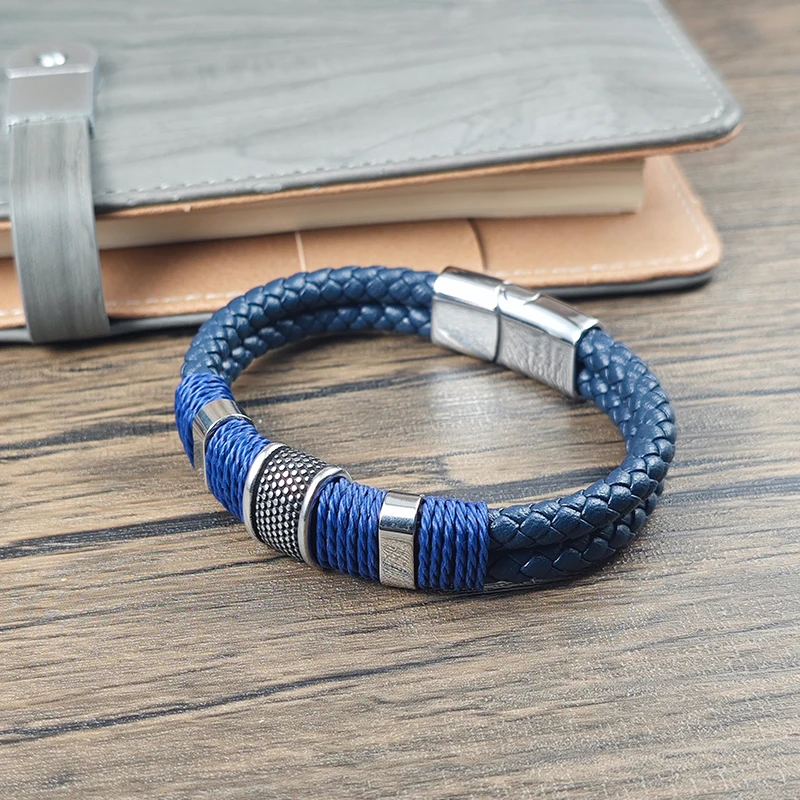 Neues Blaues Geflochtenes 5-Farben Leder Edelstahl Herren Armband Magnetverschluss Handgefertigtes Armband für Männer Casual Tägliches Tragen – Detail 3