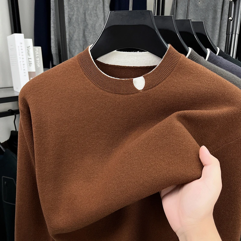 

Свитер с круглым вырезом и шерстяной вязки, искусственный двухсекционный однотонный молодежный повседневный легкий зрелый стиль, модный базовый свитер