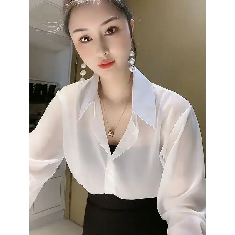 

Лето 2025: Новая модная легкая шифоновая блузка с защитой от солнца, свободного кроя, с длинным рукавом, женский топ в корейском стиле с V-образным вырезом