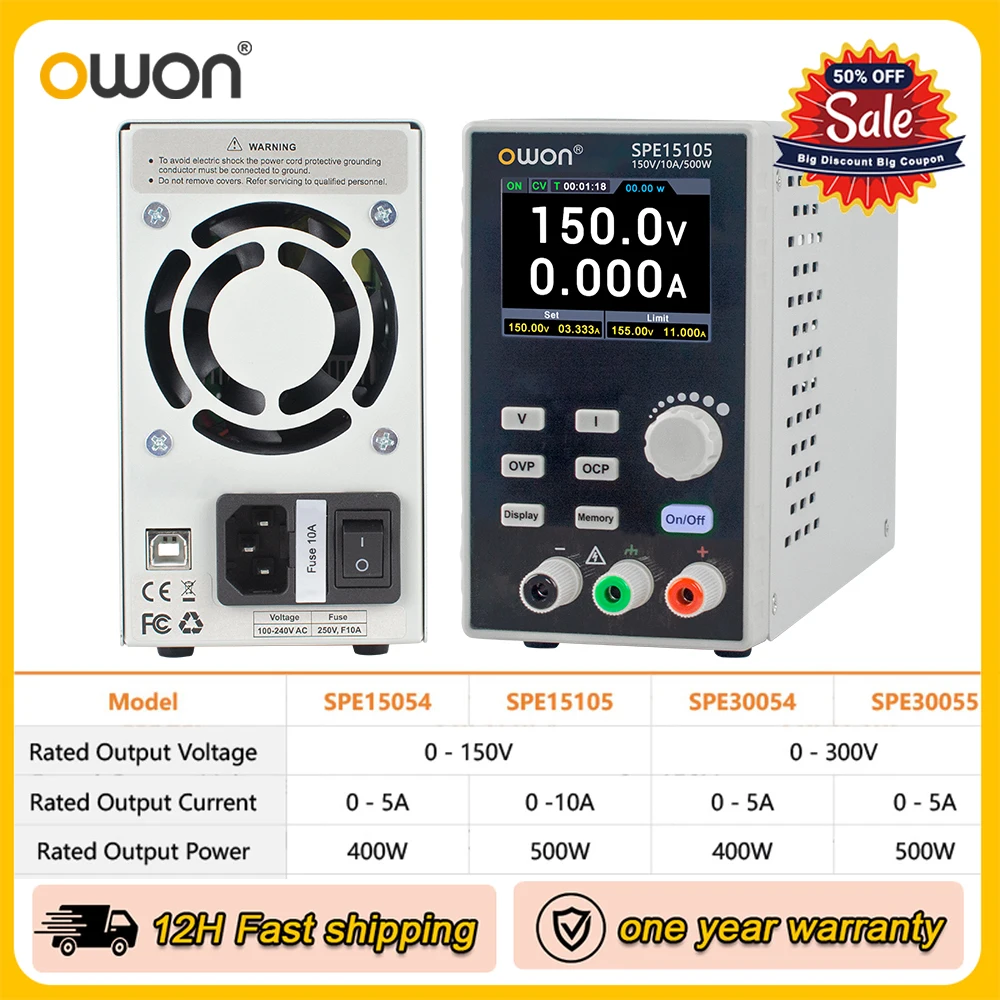 Fonte de Alimentação DC Owon SPE15054 SPE15105 150V/300V 5A/10A 400W/500W com Display LCD de 2.8" e Exibição de Curva de Tensão/Corrente em Tempo Real