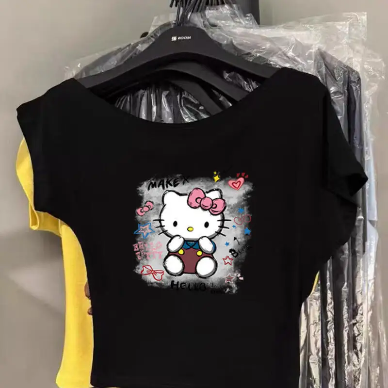 Hello Kitty Short-Sleeved Summer Cartoon Print 2026 Slim Tops One-Shoulder Women's Inclined Collar Versatile Round Neck T-Shirt