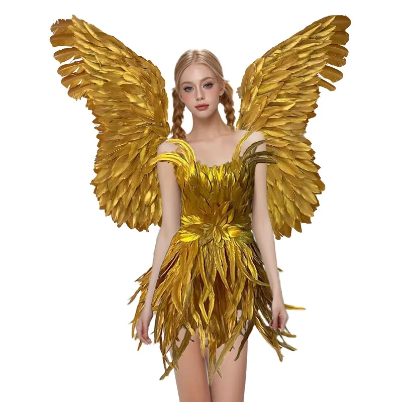 Custom handmade golden feathered angel wings for stage performances, fashion shows, and photography props