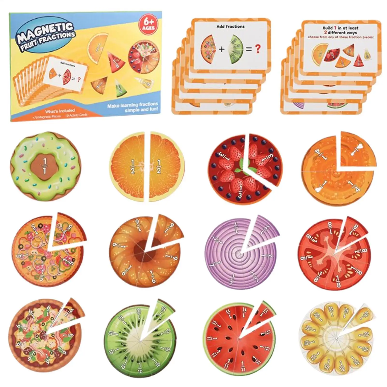 Magnetyczna tablica do nauki ułamków z owocami dla dzieci Montessori, narzędzie demonstracyjne do ćwiczeń dzielenia się na równych częściach.