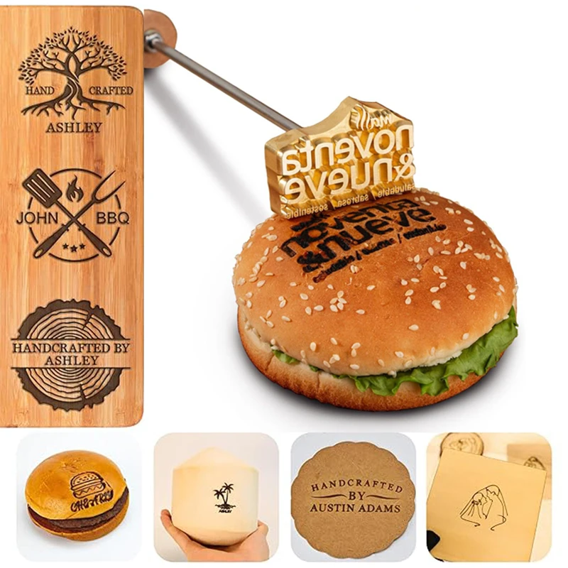 Fer à repasser avec logo personnalisé pour hamburger - Steak et hamburger Brander en laiton personnalisés | Tampon professionnel pour barbecue, noix de coco et gâteau