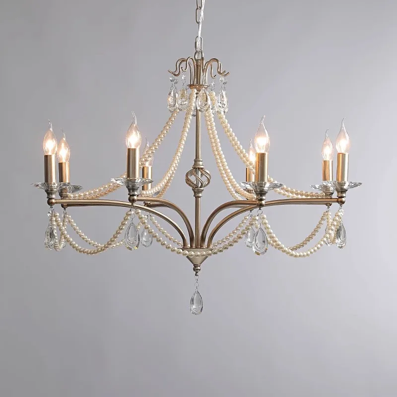 

French retro living room lamp American romantic candle bedroom decorative chandelier pearl high-end restaurant Zhongshan lamp
