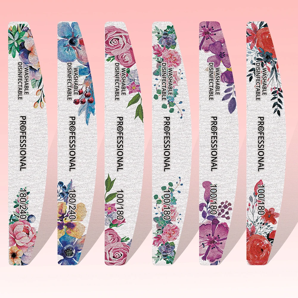 10/20pcs Mix Flower Colorful Wooden Nail File 100/180/240 Grit Gel Polishing Manicure Washable Durable Sharpening Nails Tools