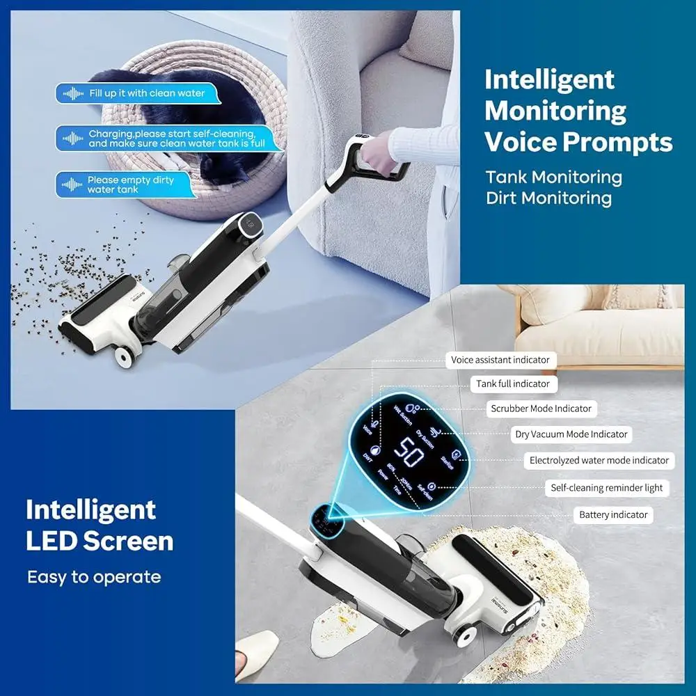 Cordless Wet Dry Vacuum Cleaner Electrolyzed Water Technology Self Cleaning Lightweight Digital Display Multi Surface HEPA