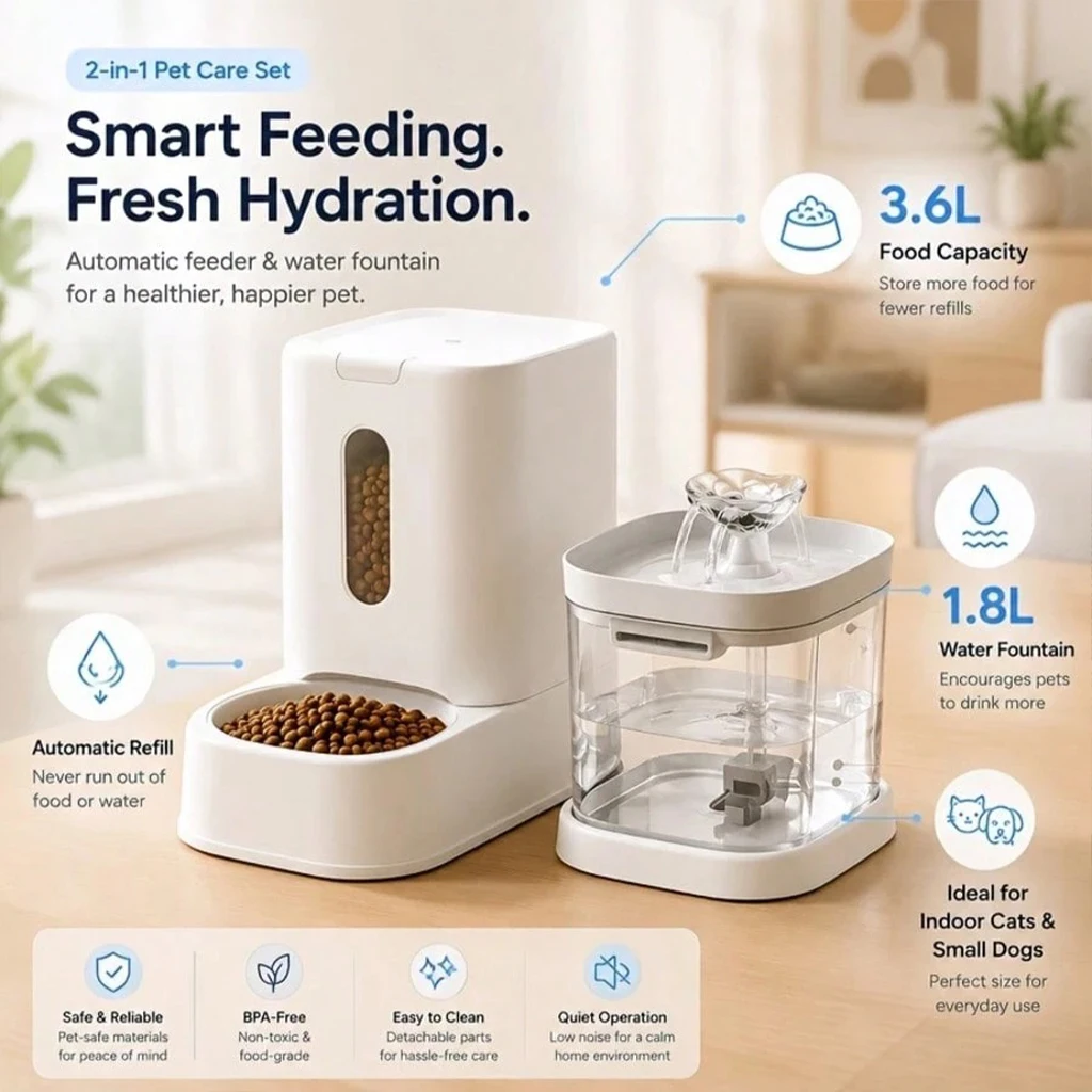 2-In-1 Automatic Pet Feeder And Water Dispenser Set 3.6L Automatic Food Dispenser & 1.8L Circulating Water Fountain Feeder And Water Dispenser Set For Cats And Small Dogs, Indoor Use