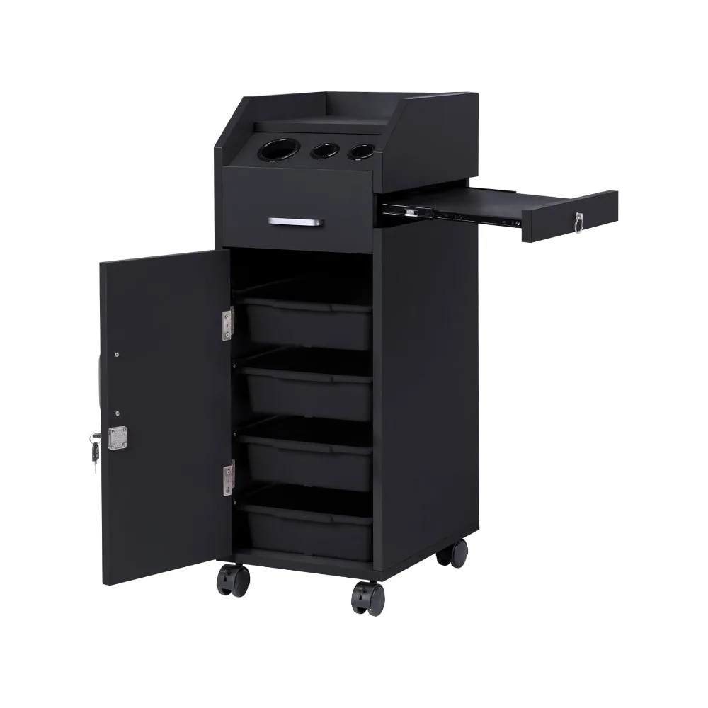 

Beauty Salon Trolley Cart, Salon Cabinet with 360° Wheels, 3 Hair Dryer Holders, 4 Drawers, 2 Lockable Keys Salon Rolling Cart