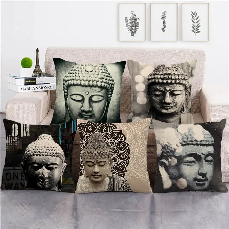 Buddha Statue Carving Pillowcase Buddhism Cotton Linen Pillow Case Home Decor Bed Sofa Bedroom Pillow Covers Decorative 45x45cm