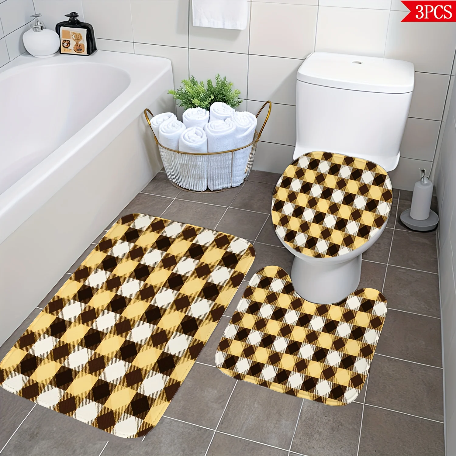 

Yellow Brown Plaid 3pc Bath Set – Checkered Retro Design, Flannel Toilet Cover, U Mat & Floor Rug, Soft Non-Slip Decor
