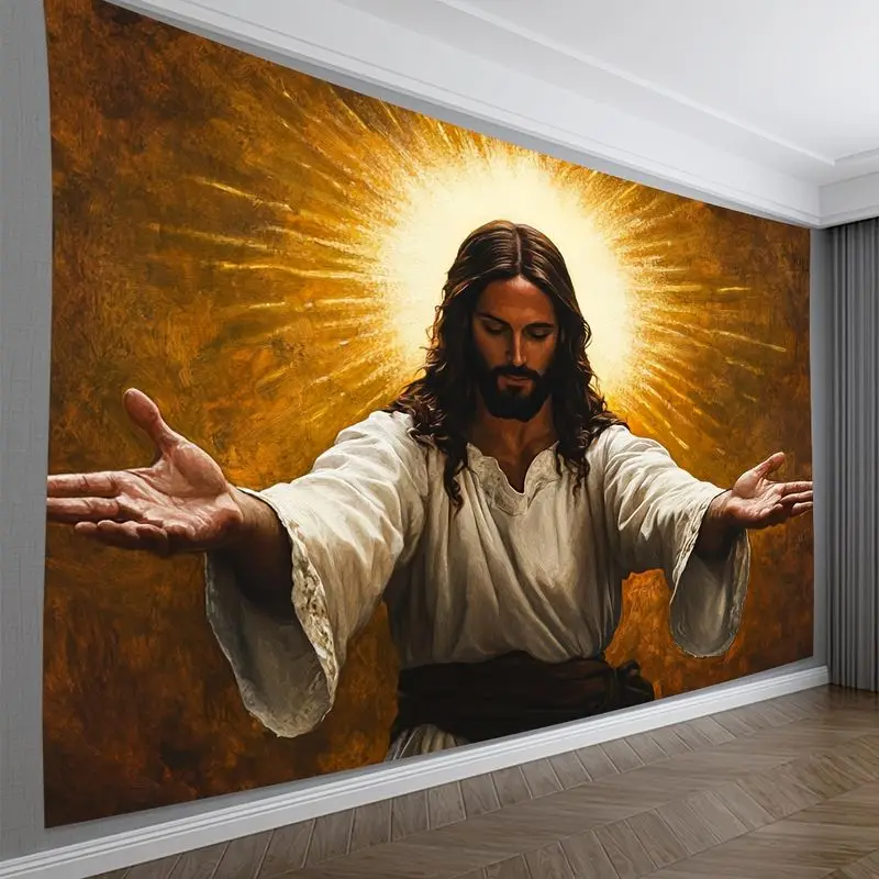 VIKAMA Holy Blessing Figure Radiant Golden Halo Tapestry Spiritual Religious Wall Hanging Living Room Bedroom Wall Art Decor
