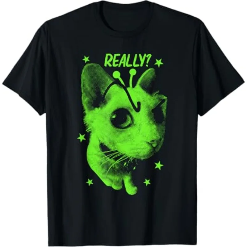 Neon Green Alien Cat T-Shirt Retro 90s 