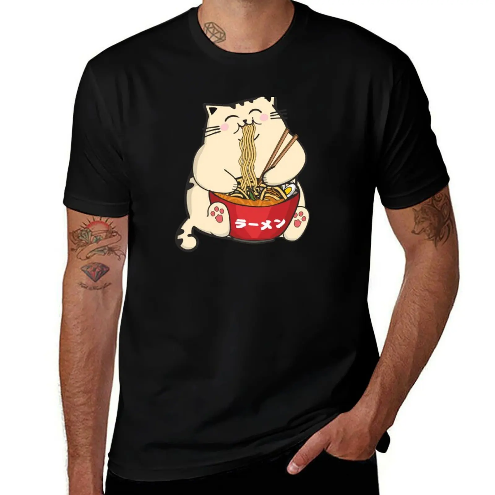 

noodles lover Japanese art slim shirts for fit man cute kawaii t T-Shirt gift cat manga eating Ramen T-Shirt