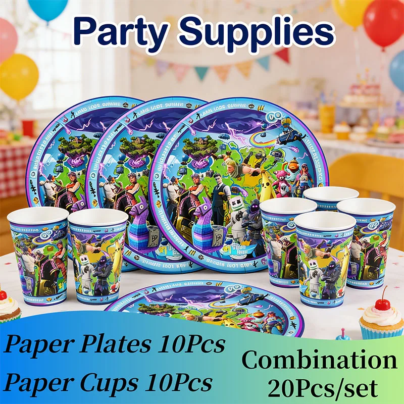 Juego de Platos y Vasos de Papel con Temática de Fortnite, Vajilla Creativa e Interesante para Decoración de Fiestas de Cumpleaños