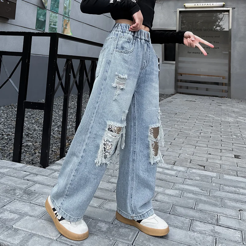 New Kids Designer Destroy Ripped Jeans with Sequins for Teen Girl Broken Hole Denim Pants Child Fashion Street Jeans Trousers