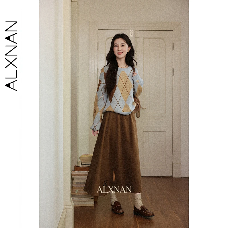 ALXNAN レディース カーキ スエード フリース スカート 2025 エレガント 秋 Aライン プリーツ 刺繍入り ミドル丈 カジュアル スカート L57717