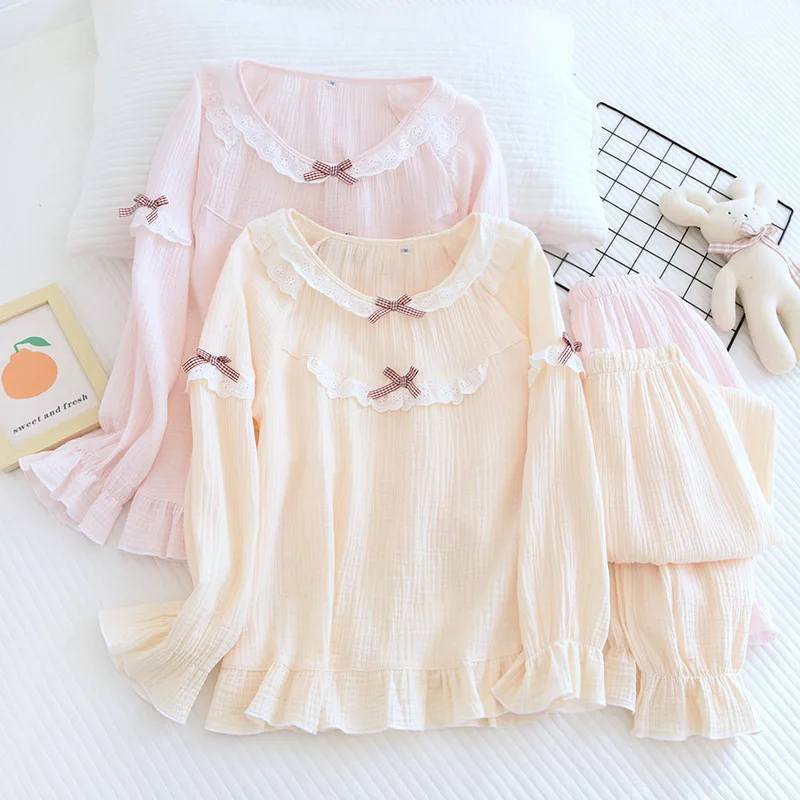 

New spring and summer Japanese cute ladies pajamas long-sleeved trousers two-piece set 100%cotton crepe solid color homewear set