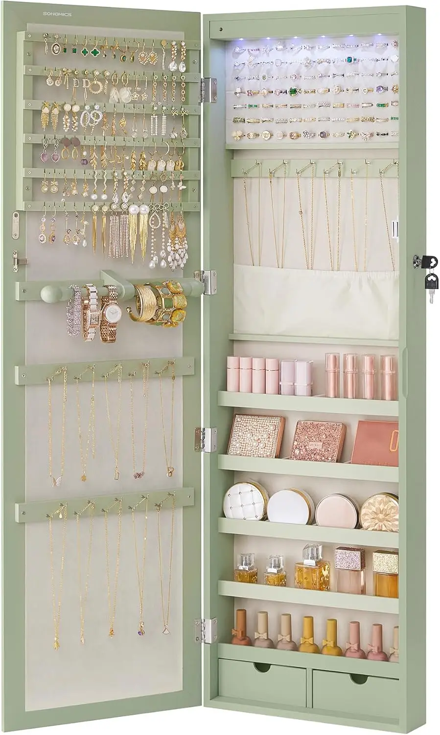 Jewelry Cabinet, 47.2-Inch Tall Lockable Wall or Door Mounted Jewelry Armoire Organizer with Mirror, 2 Drawers, Christmas Gifts,