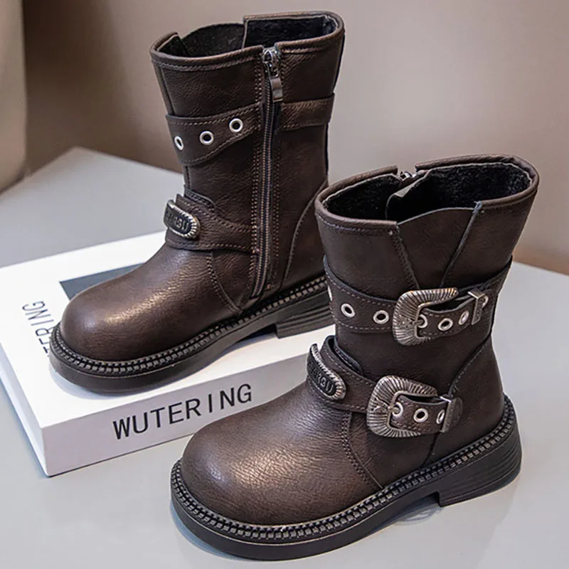 

2024 модные зимние ботинки для девочек из искусственной кожи хлопковая обувь для девочек-подростков Нескользящая плюшевая женская модная обувь