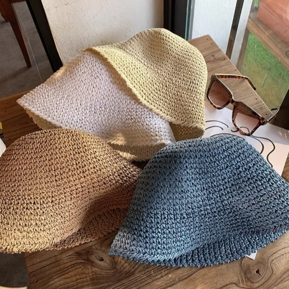 Summer UV Protection Straw Bucket Hat Foldable Breathable Outdoor Sunshade Cap Hand Weaving Fisherman Hat for Women Beach