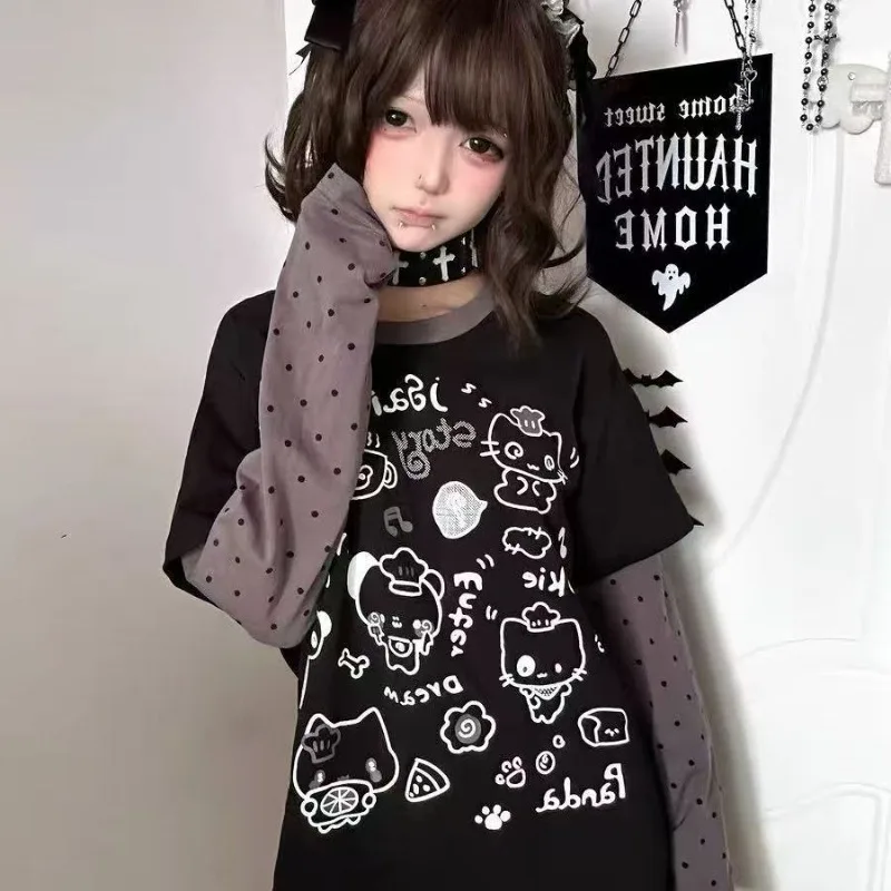 

Japanese Fake Two Pieces Cartoon Printing T-shirt Preppy Style Patchwork Stripe tees Kawaii Tops Harajuku Looose Grunge Tshirts