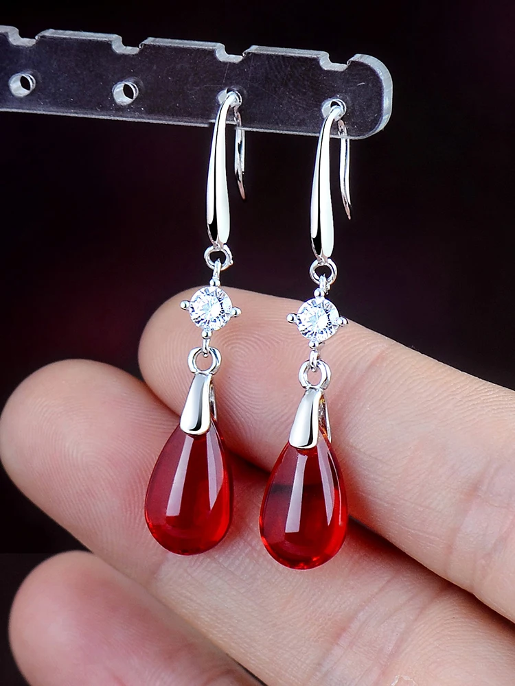 Women's Elegant Water Drop Long Tassel Earrings Classical Imitation Rose Red White Jewelry Ear Studs Drops