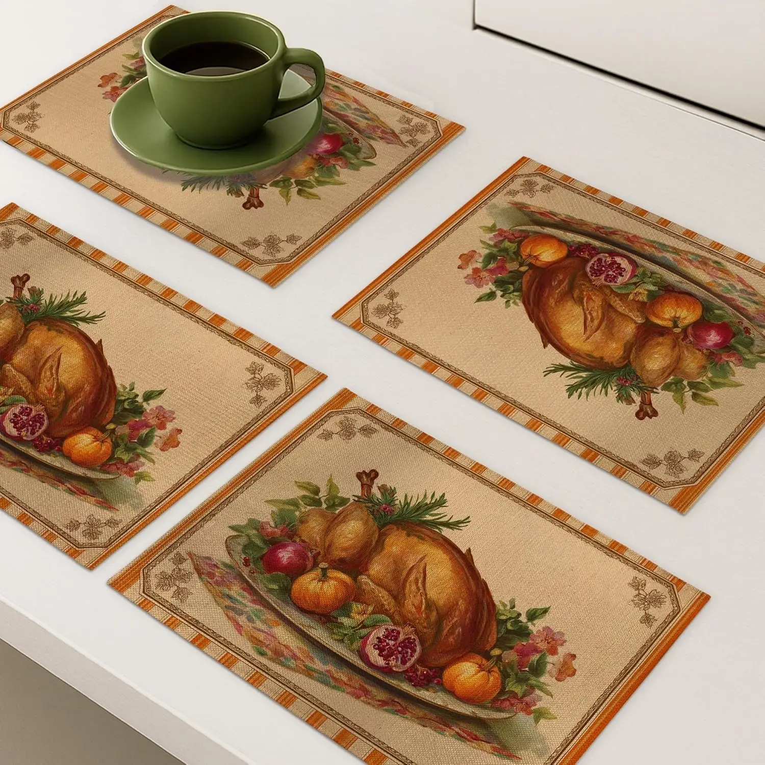 

Autumn Placemats, Orange Country Style Table Mats for Thanksgiving Dinner, Non-Slip Washable Indoor Outdoor Festive Set of 4