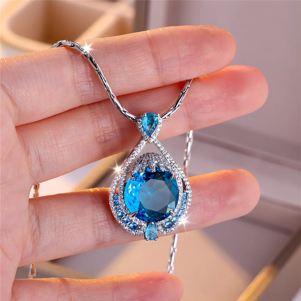 Luxuriöse, blaue, runde Zirkon-Anhänger-Halskette für Damen, silberfarben, zarte Geschenke, Hochzeitsschmuck für Frauen – Detail 5