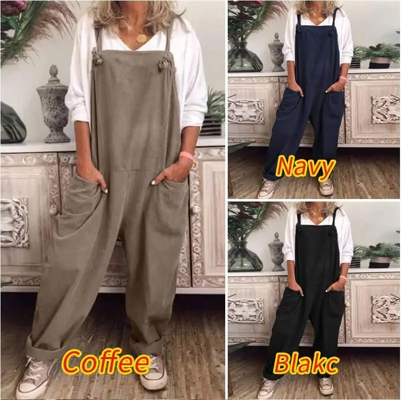 Women Loose Casual Retro Pockets Sleeveless Lace Adjustable One Piece Jumpsuit Long Pants Overalls