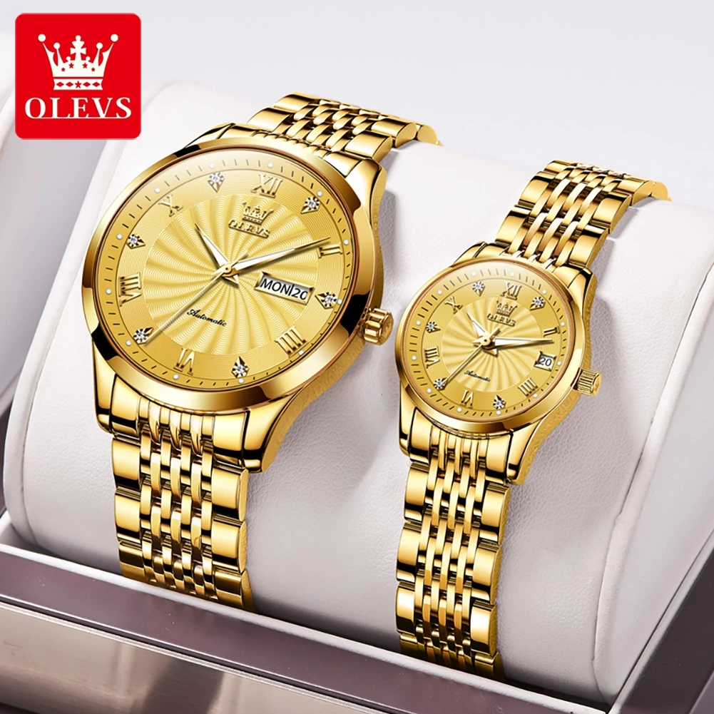 OLEVS Diamond Minimalist Couple Watch Classic Luxury Automatic Mechanical Wrist Watch Gifts For Women Wterproof Date Display