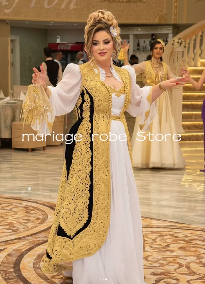 Robe de soirée deux pièces en velours noir et blanc, manches longues, avec des appliques dorées, robe de bal albanaise du Kosovo pour femmes, personnalisée