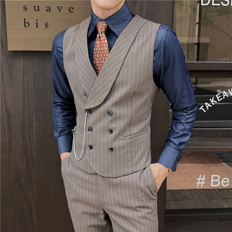 4XL-M pakaian merek rompi setelan bisnis pria kualitas tinggi musim semi/laki-laki Slim Fit bergaris blazer Double-breasted rompi gaun pria