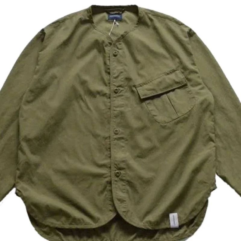 DCDT 21AW Collarless Oblique Pocket Army Green Shirt Coat DESCENDANT Loos Men Jacket Japan Style New Arrival