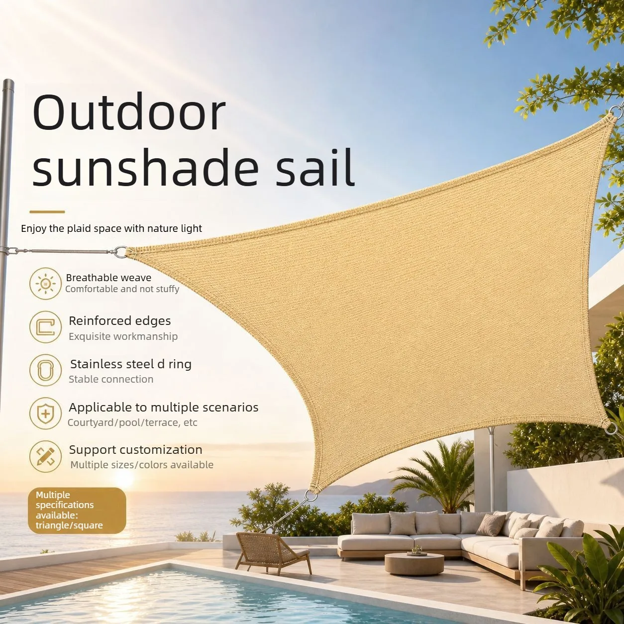 Triangular & Quadrilateral Sun Shade Sail Breathable UV Block Canopy for Patio Pool Backyard Outdoor
