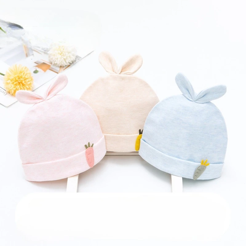 

Новая двухслойная бесшовная шапочка из чистого хлопка для новорожденных с ушками кролика, милая весенне-осенняя шапочка для мальчиков и девочек на первый месяц жизни