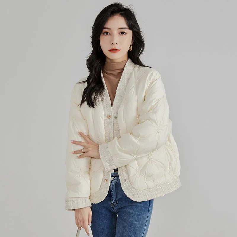 Autumn Winter Down Jacket V-Neck Patchwork Lightweight White Duck Down Coat Women Quilted Long Sleeve Top Design Clothing Trend