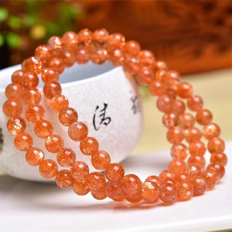 6MM Natural Gold Strawberry Quartz Triple Circle Bracelet Gemstone Crystal Reiki Healing Gemstone Bracelet Fengshui Jewelry Gift