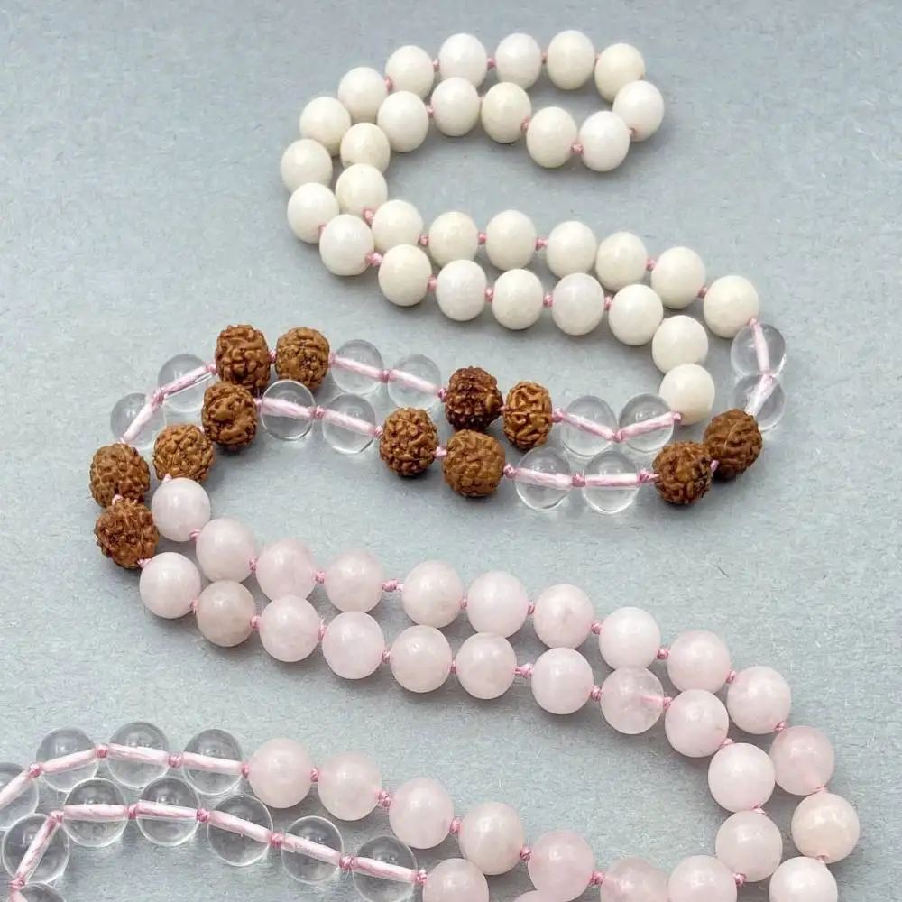 Natural Rose Quartz, Clear Quartz & Rudraksha 108 Mala Beads Necklace Love & Clarity Healing Crystal Jewelry view 2