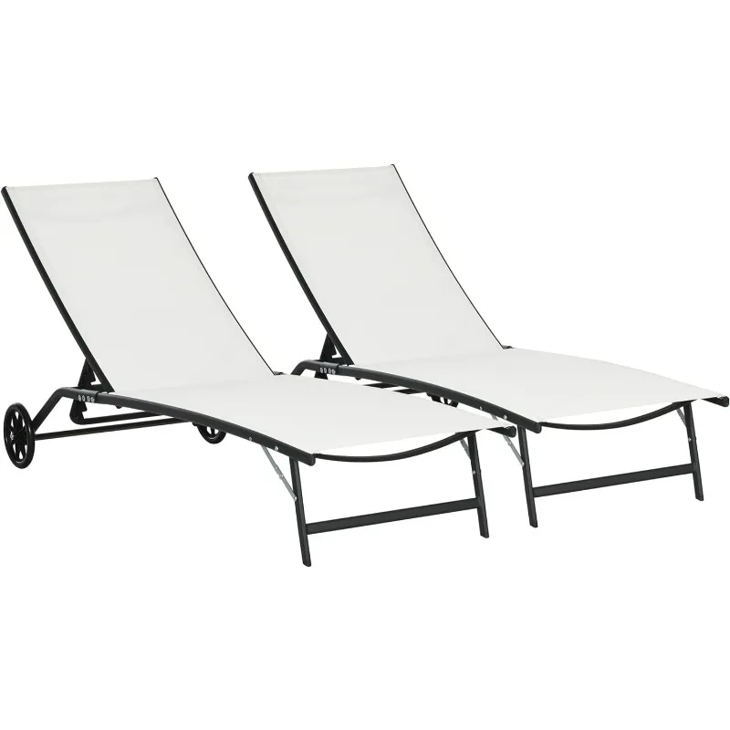 

Outdoor Coffee Chair, 2-Piece Lounge Chair Set with Wheels, Sun Lounger with 5 Adjustable Positions for Deck, Beach, Patio, Pool